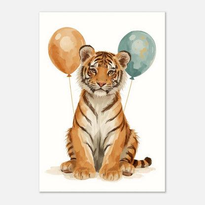 Charmig tigerunge med ballonger i milda färger – gouache-illustration för barn