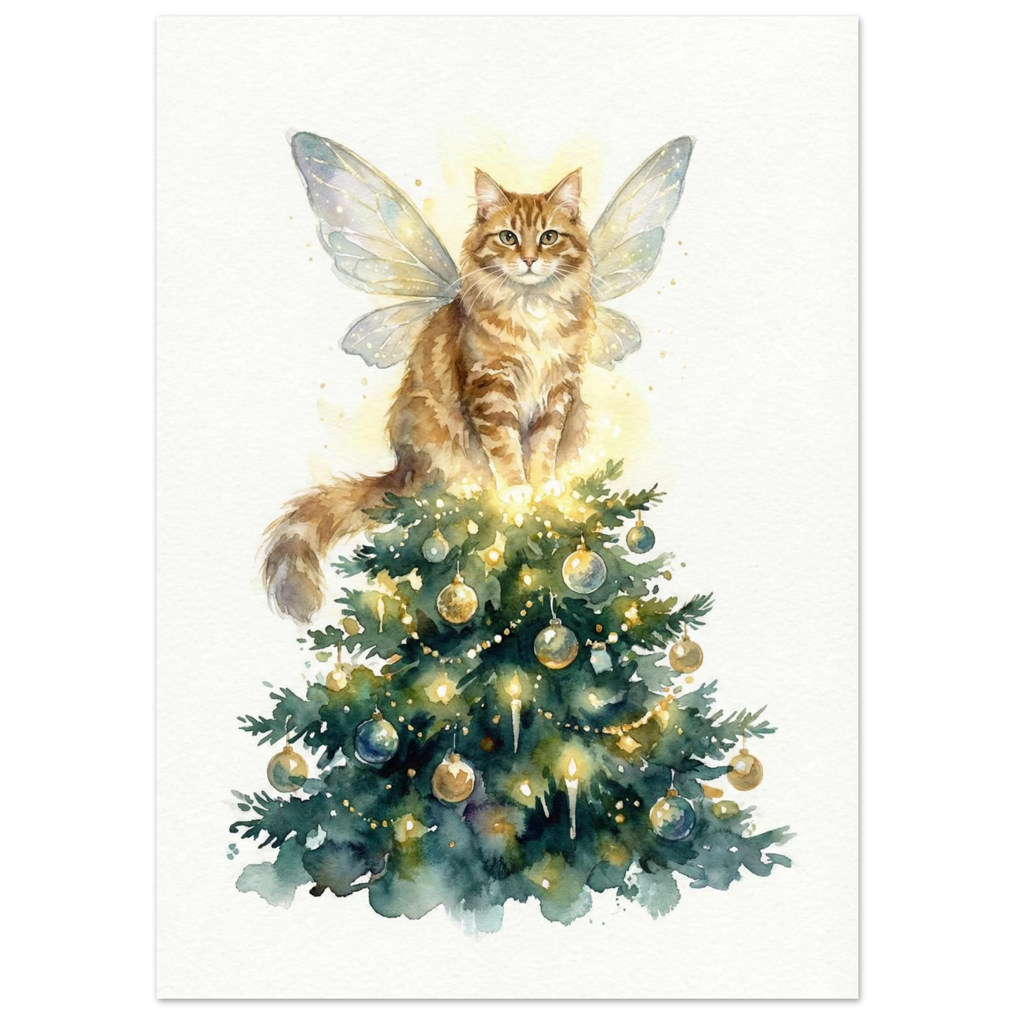 Fairy cat med skimrande vingar i en dekorerad julgran, poster