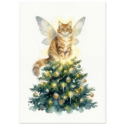 Fairy cat med skimrande vingar i en dekorerad julgran, poster