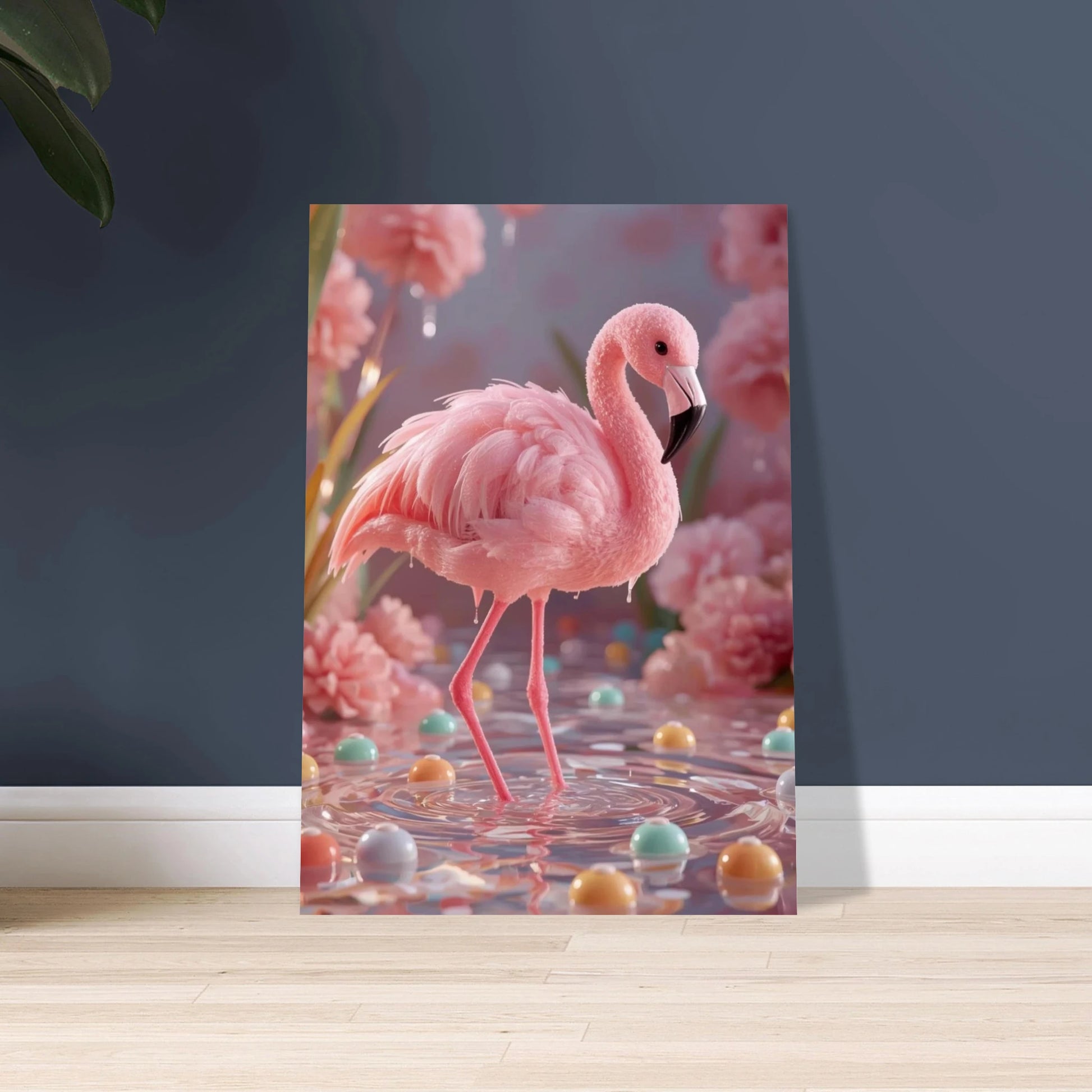 Flamingo av rosa godis i ett sött, drömlikt landskap