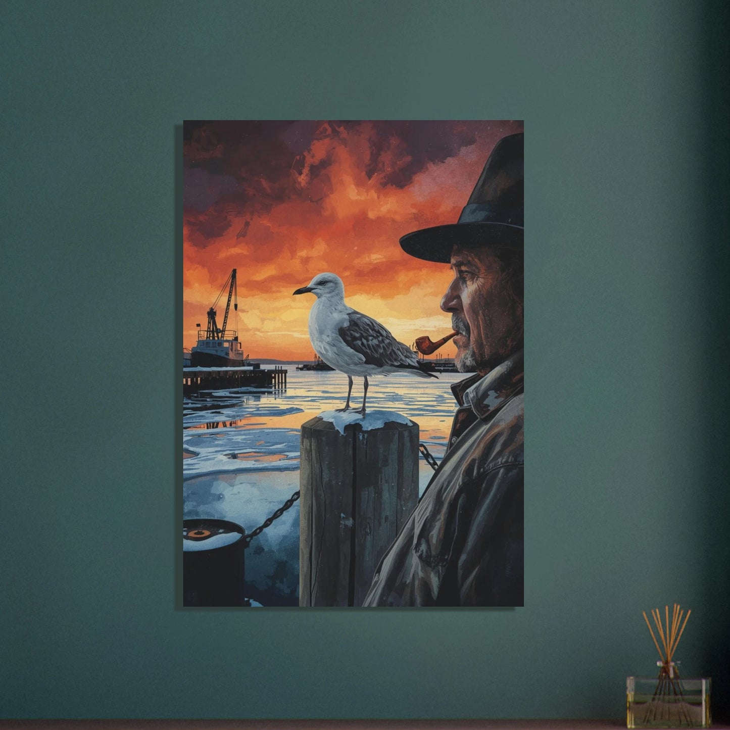Mås på påle vid frusen hamn med man och orange himmel