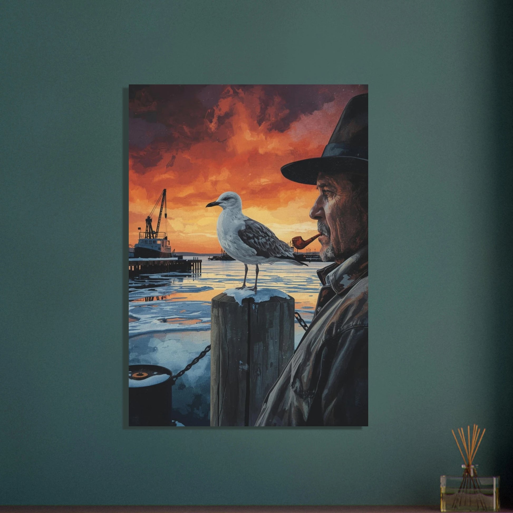 Mås på påle vid frusen hamn med man och orange himmel