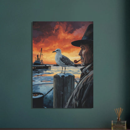 Mås på påle vid frusen hamn med man och orange himmel