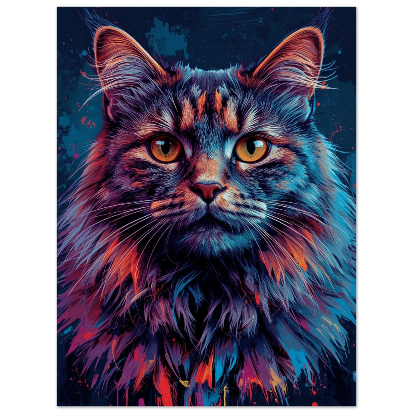 Närbild på en lysande neonkatt med orange och blå toner – Målad poster