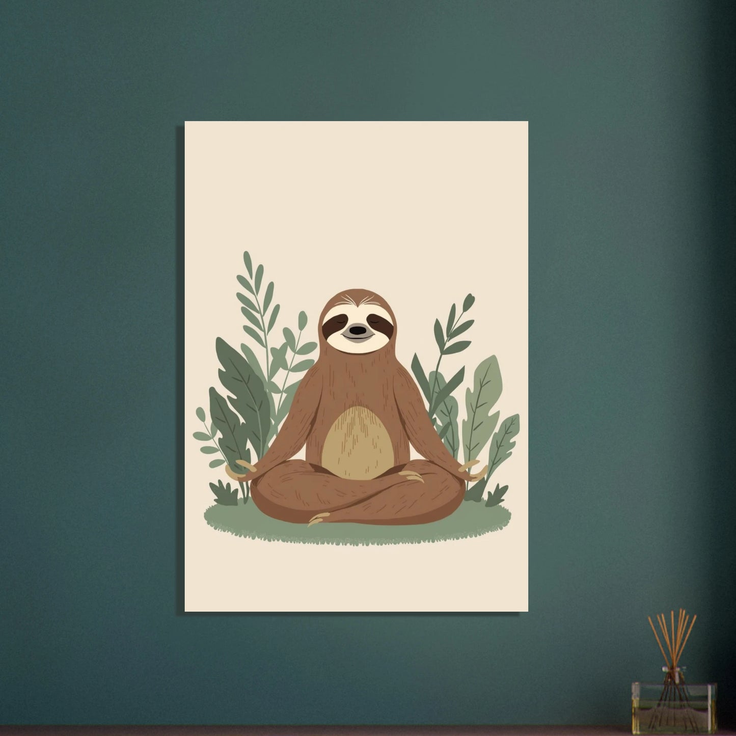 Sengångare i meditation omgiven av gröna blad, lugn stämning.