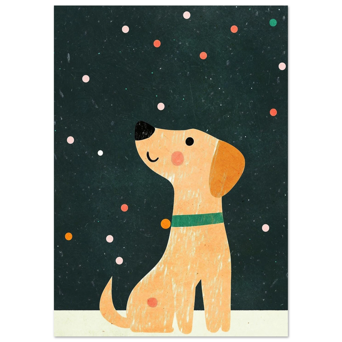 Modern djurposter med en sittande hund under ett lekfullt snöfall
