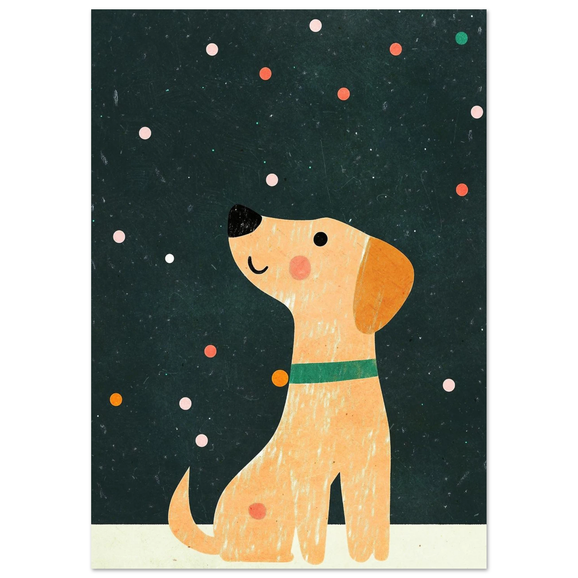 Modern djurposter med en sittande hund under ett lekfullt snöfall