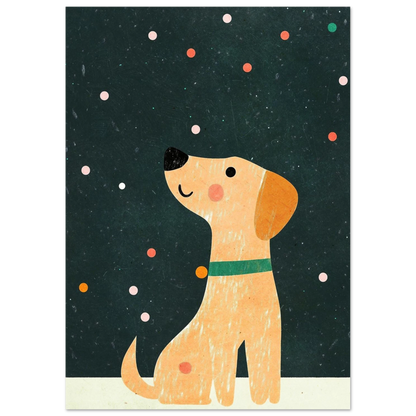Modern djurposter med en sittande hund under ett lekfullt snöfall