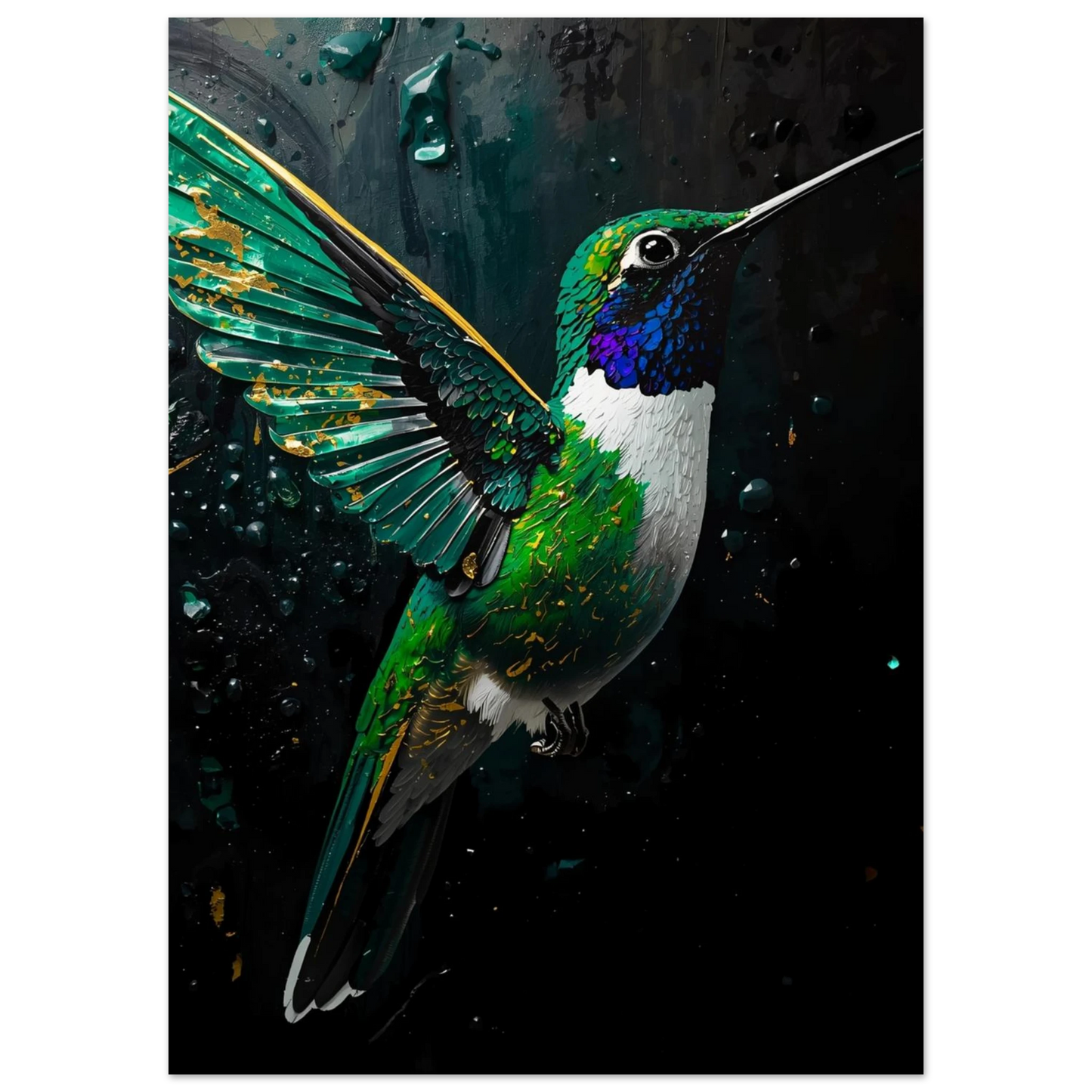 Närbild på kolibriposter med texturerade penseldrag och blå detaljer