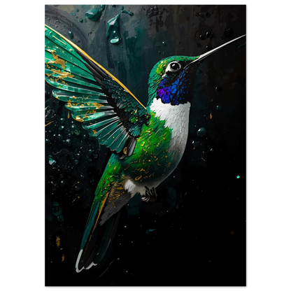 Närbild på kolibriposter med texturerade penseldrag och blå detaljer