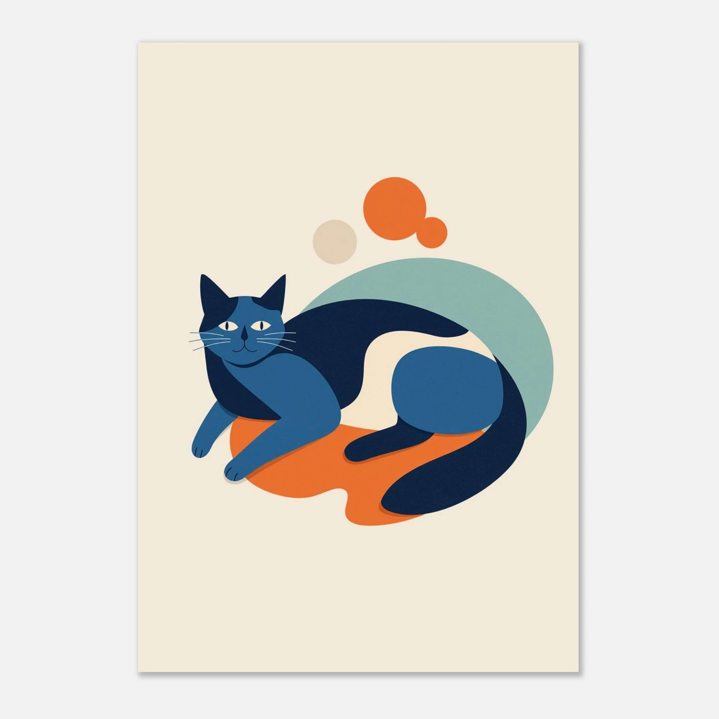 Modern illustration av en katt i blå toner med mjuka geometriska former