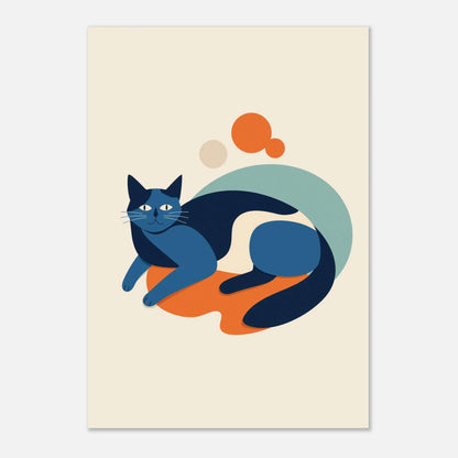 Modern illustration av en katt i blå toner med mjuka geometriska former