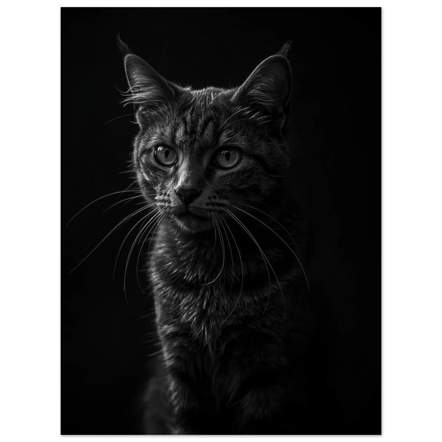 Gåtfull katt med lysande ögon i mörkret, grafiskt djurmotiv som tavla
