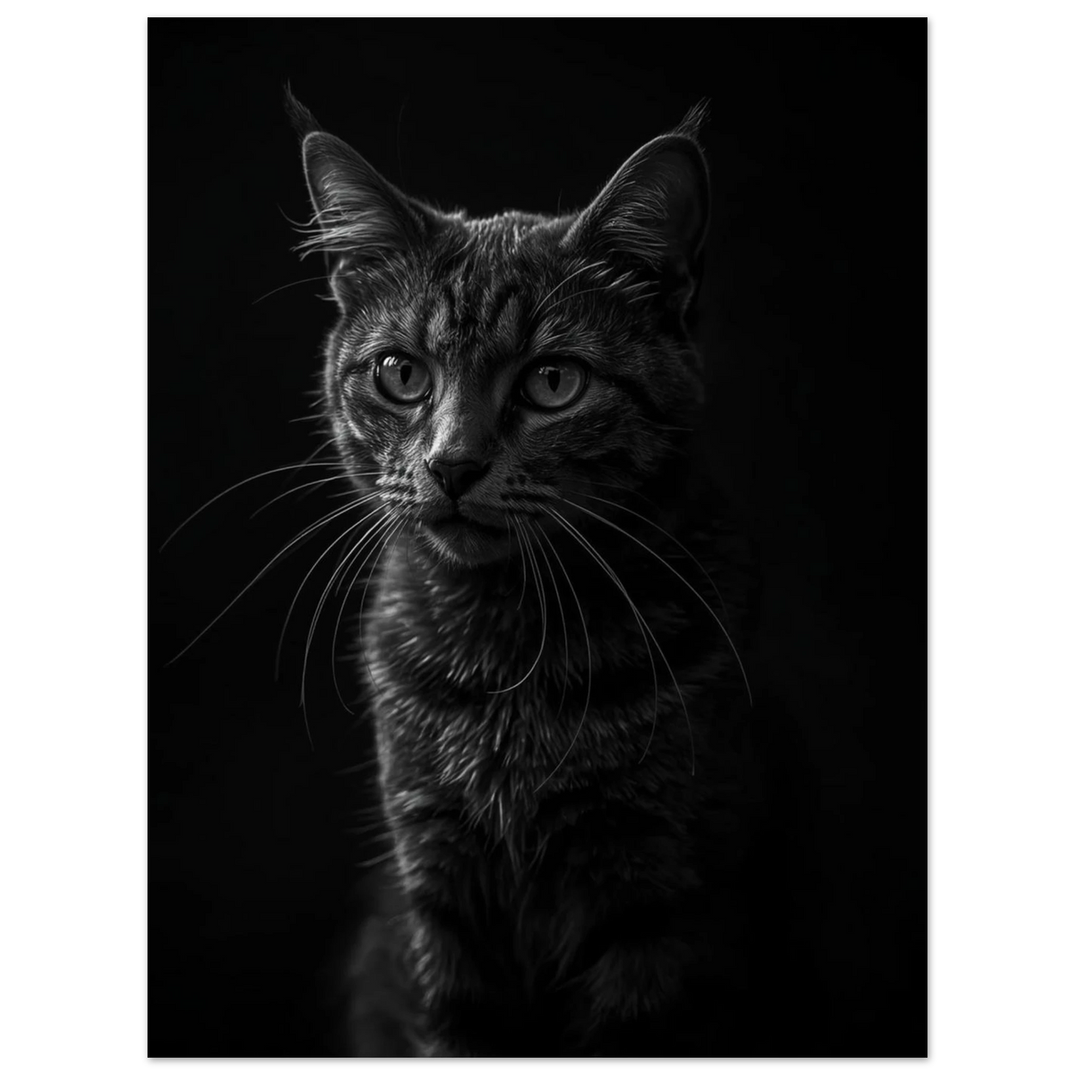 Gåtfull katt med lysande ögon i mörkret, grafiskt djurmotiv som tavla