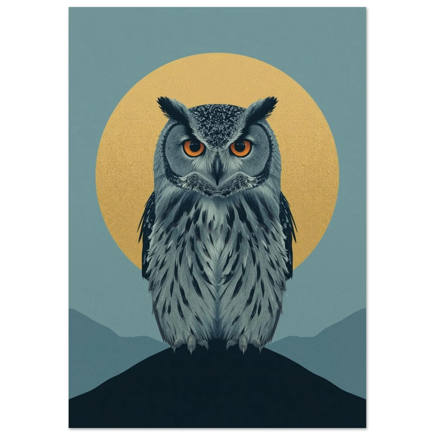 Modern illustration av en uggla på en bergstopp mot kvällshimmel