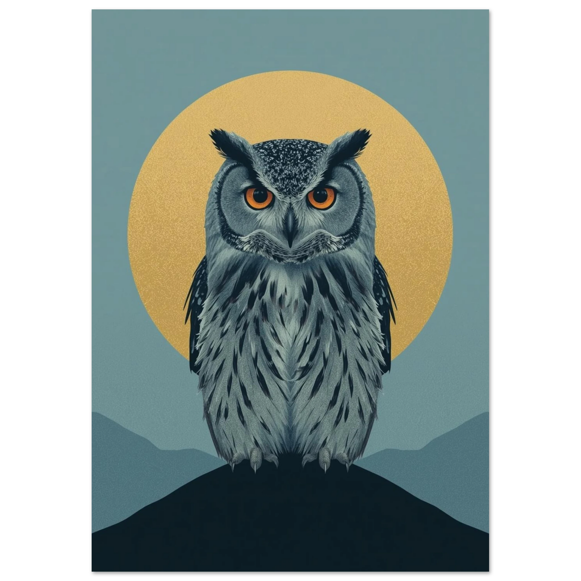 Modern illustration av en uggla på en bergstopp mot kvällshimmel