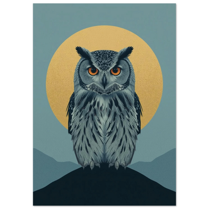 Modern illustration av en uggla på en bergstopp mot kvällshimmel