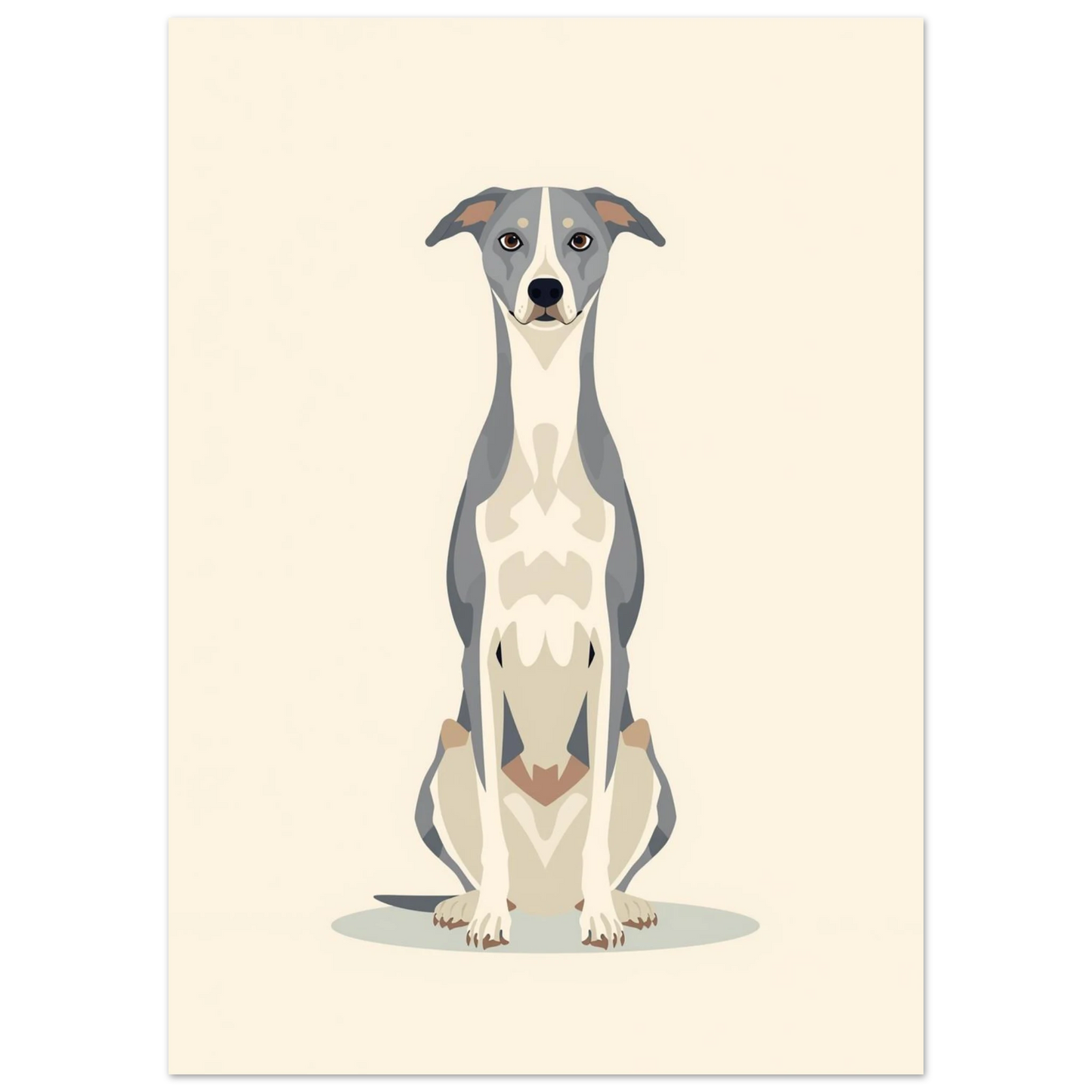 Stiliserad hundposter med en slank vinthund mot beige bakgrund