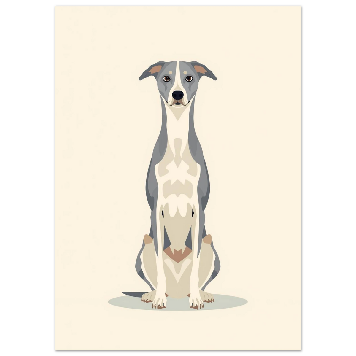Stiliserad hundposter med en slank vinthund mot beige bakgrund