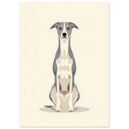 Stiliserad hundposter med en slank vinthund mot beige bakgrund