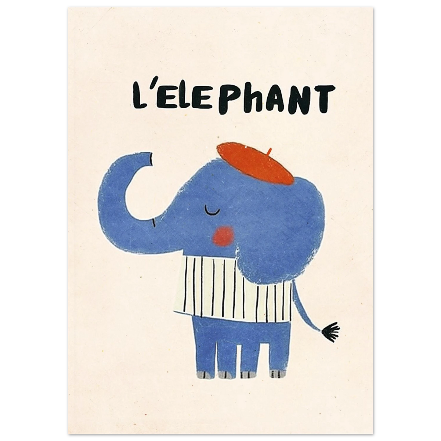 Närbild på illustrerad elefant med röd basker och texten L'Elephant