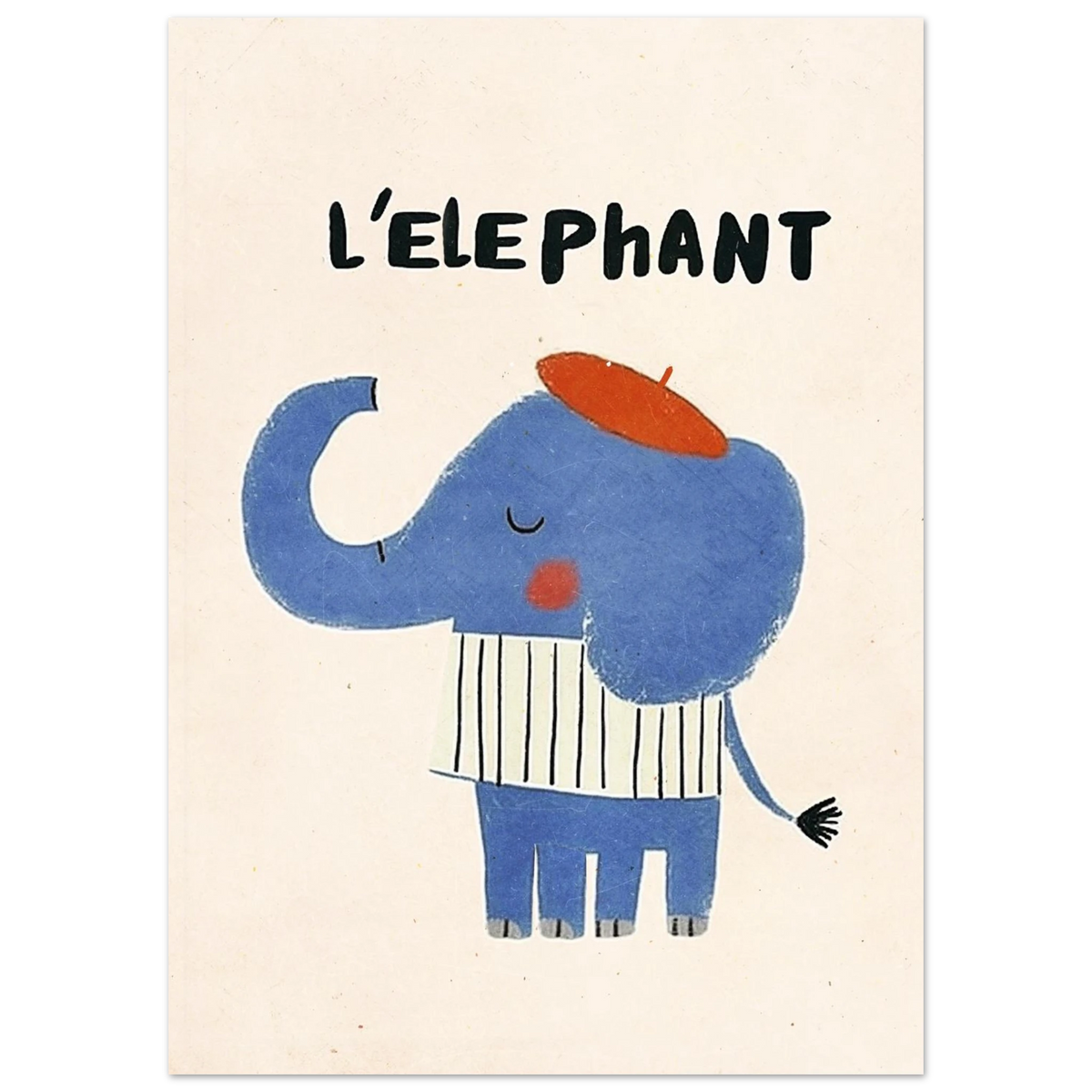Närbild på illustrerad elefant med röd basker och texten L'Elephant