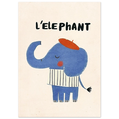 Närbild på illustrerad elefant med röd basker och texten L'Elephant