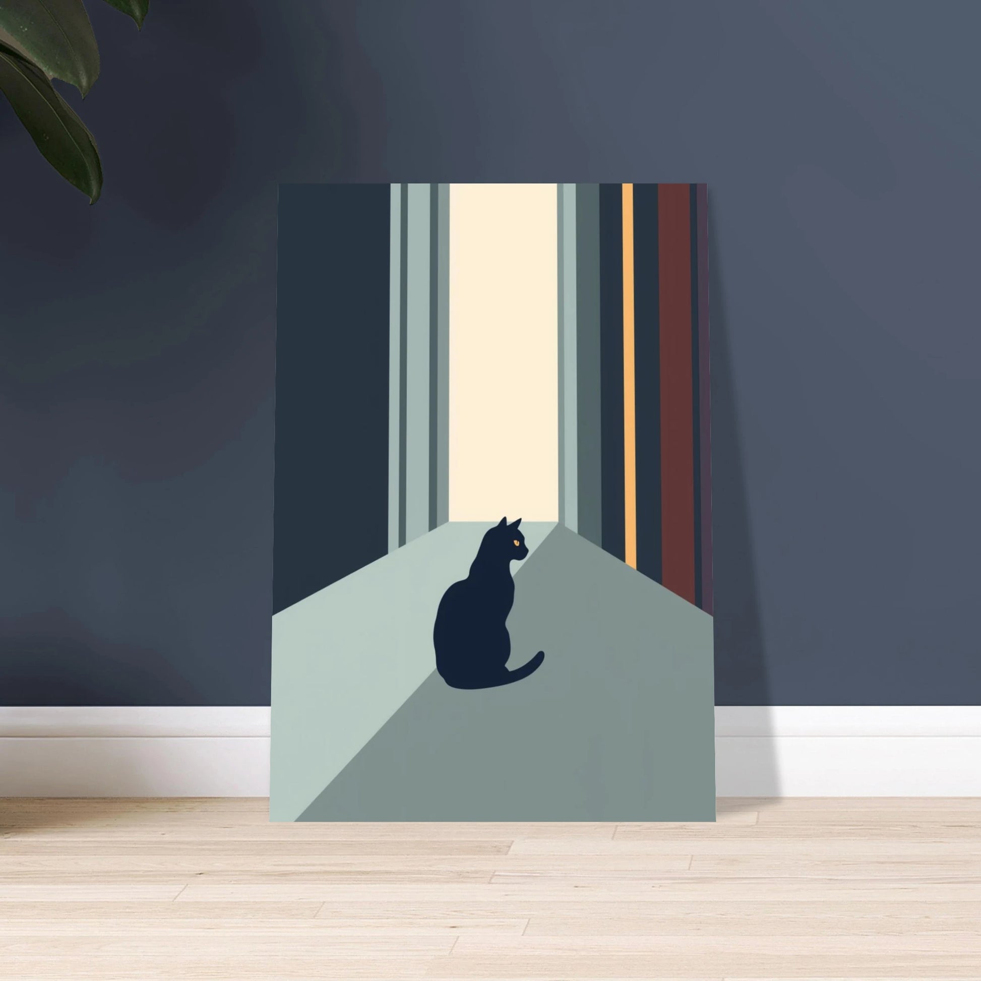 Svart katt med gula ögon i minimalistisk design, lugn stämning