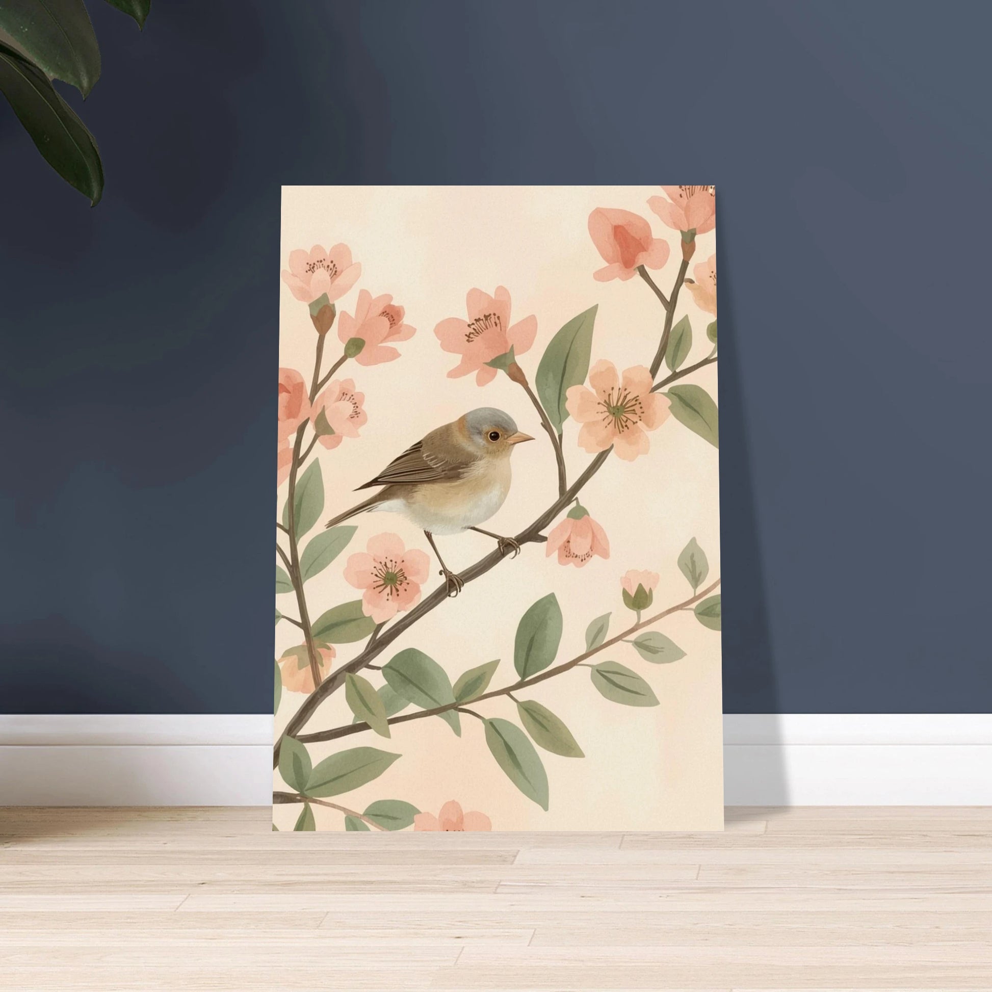 Liten småfågel på blommande gren, milda färger, lugn stämning