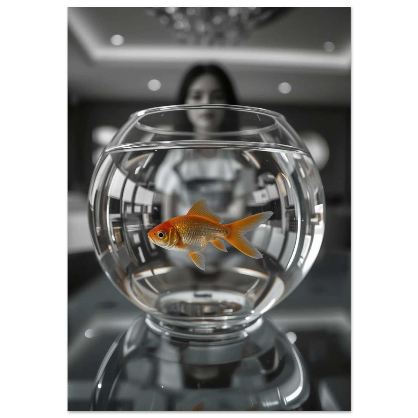 Orange guldfisk i rund glasskål med suddig bakgrund – fotokonst