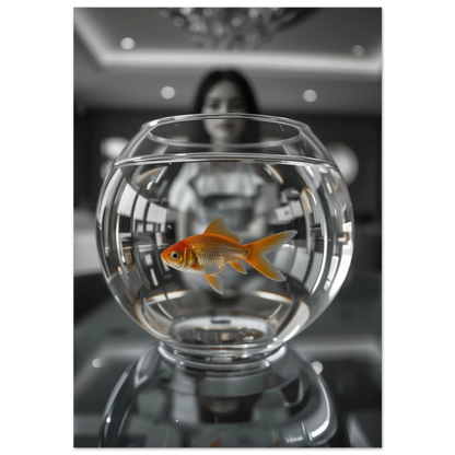 Orange guldfisk i rund glasskål med suddig bakgrund – fotokonst