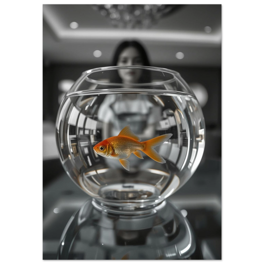 Orange guldfisk i rund glasskål med suddig bakgrund – fotokonst