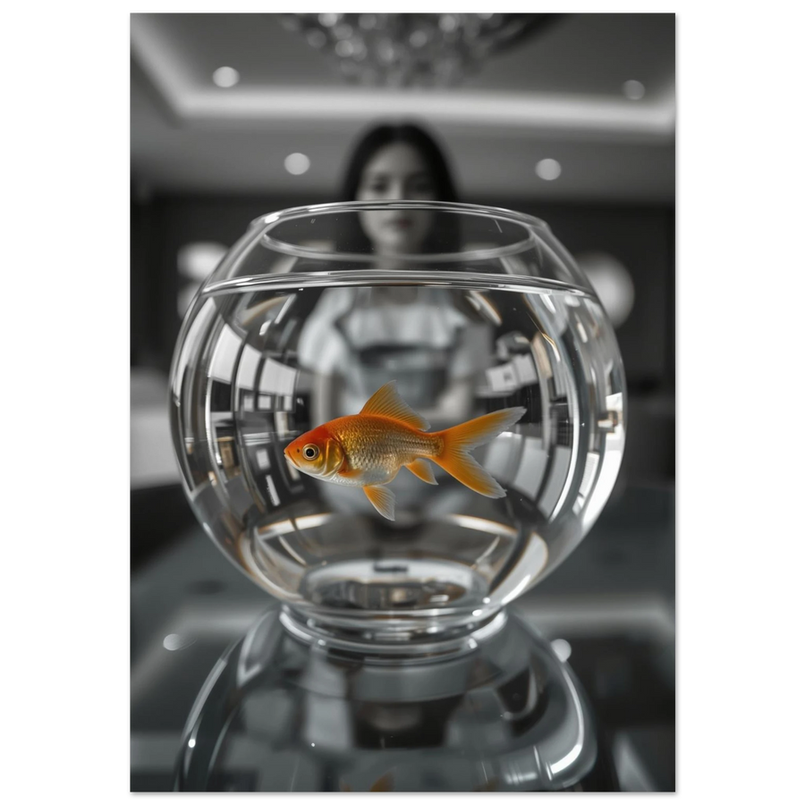 Orange guldfisk i rund glasskål med suddig bakgrund – fotokonst