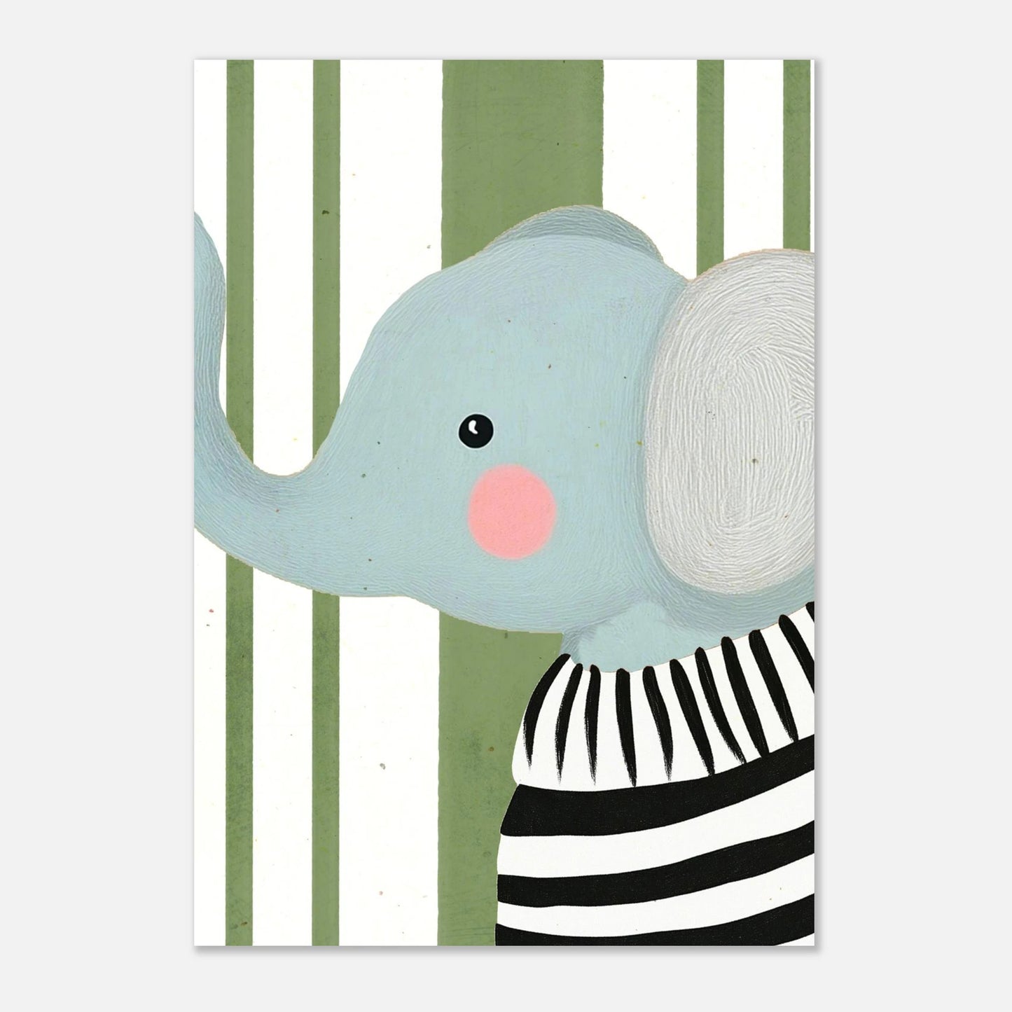 Konstnärligt print av en elefant i randiga kläder med mjuka penseldrag