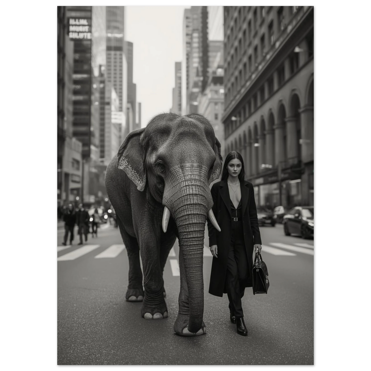 Gråskalig poster med elefant som promenerar i city bredvid kvinna