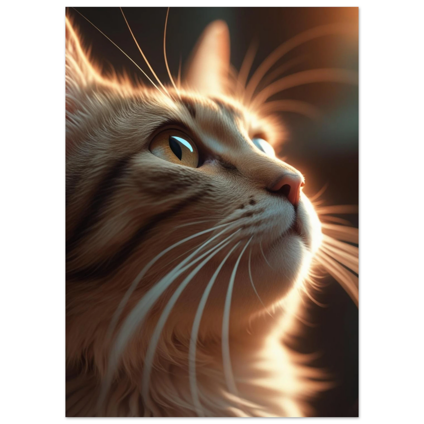 Detaljerad kattposter med fokus på bärnstensfärgade ögon och långa morrhår