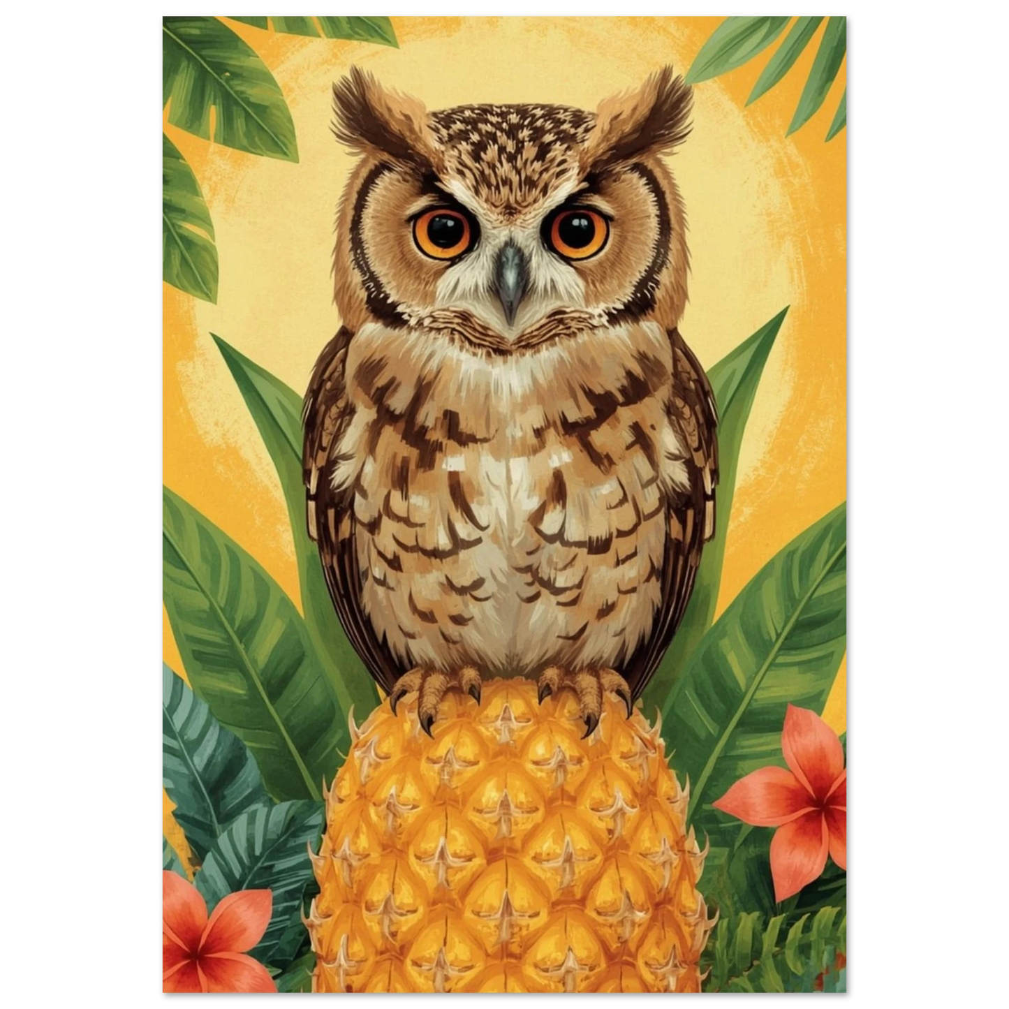 Tecknad uggla på en ananas med tropiska blad – tecknad poster