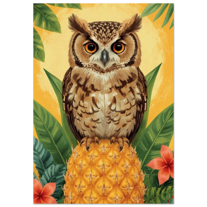 Tecknad uggla på en ananas med tropiska blad – tecknad poster