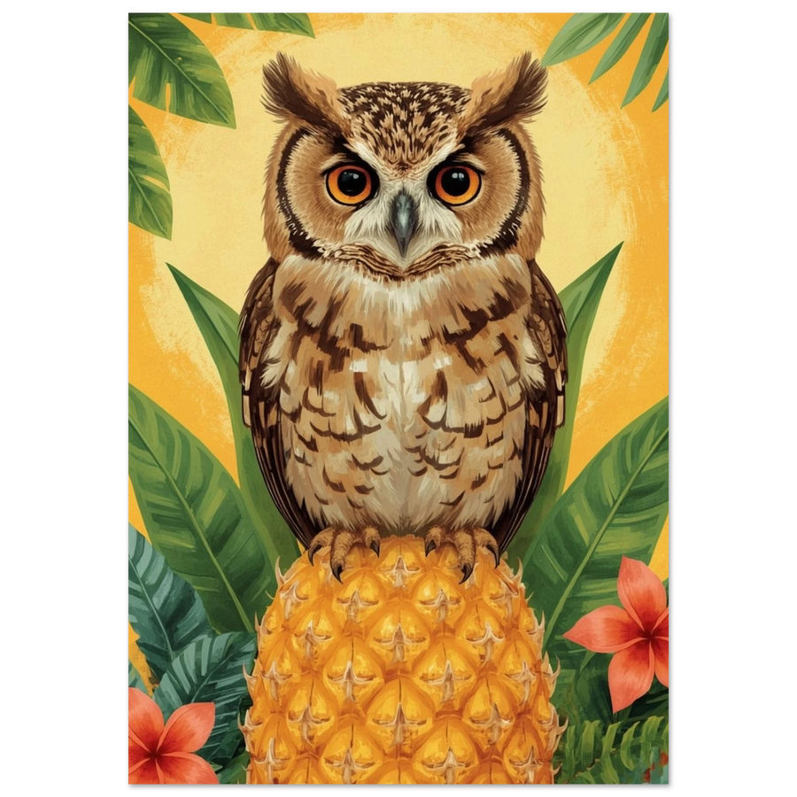 Tecknad uggla på en ananas med tropiska blad – tecknad poster