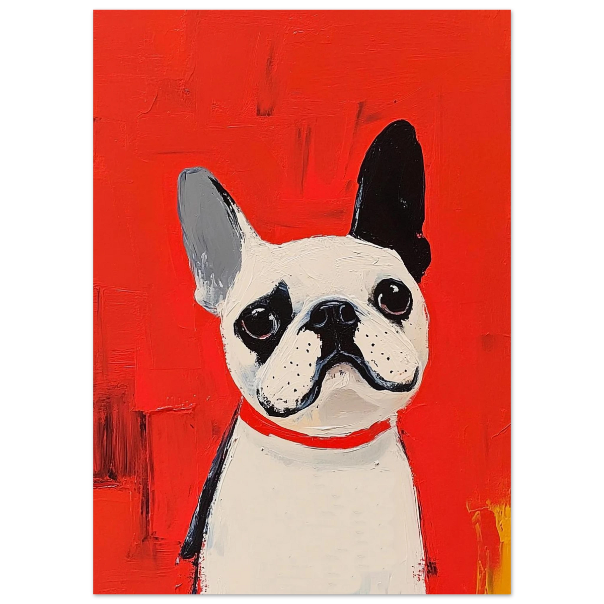 Närbild på hundmotiv av fransk bulldog med svarta öron och röd bakgrund
