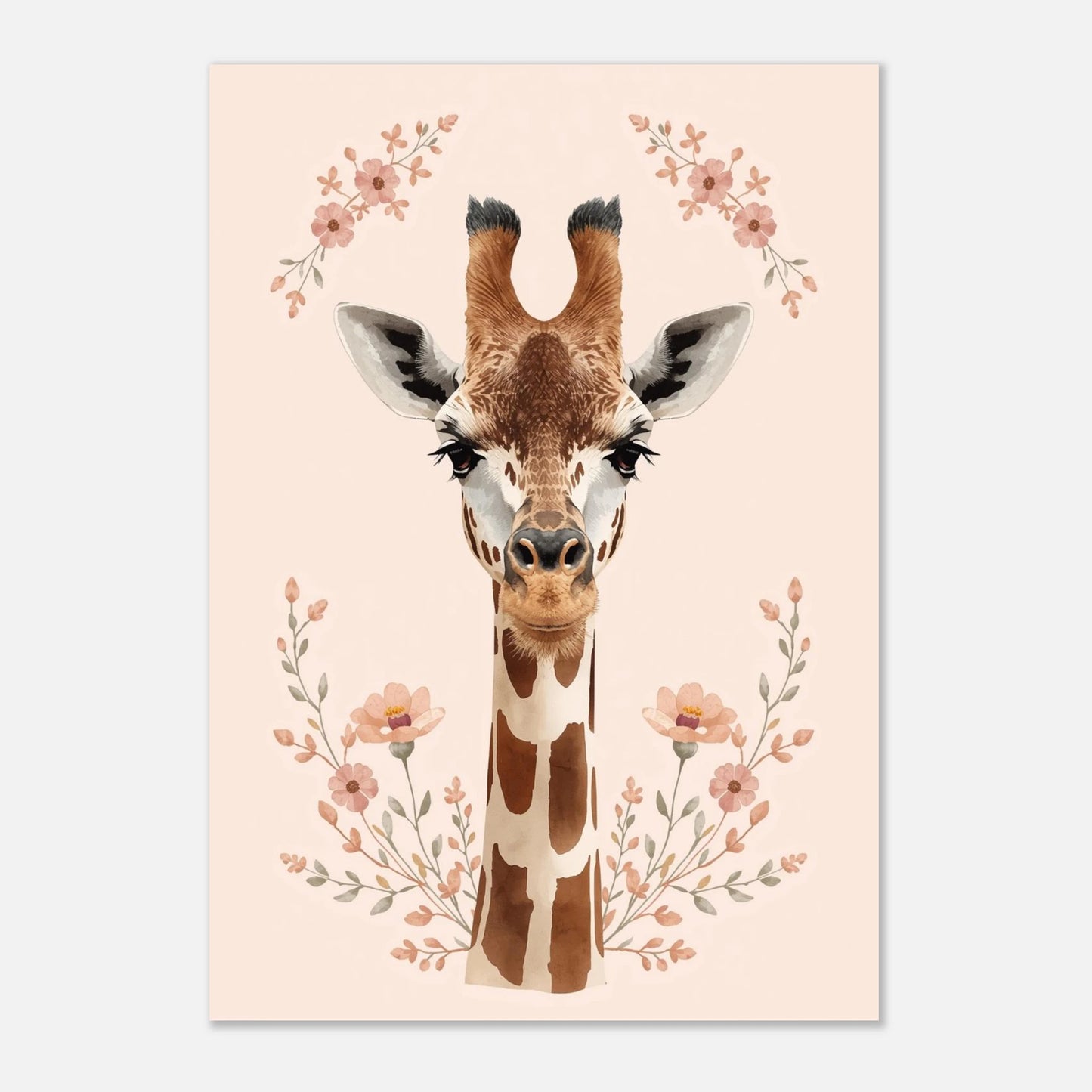 Ljus djurposter föreställande en giraff i blomsterskrud – grafiskt tryck