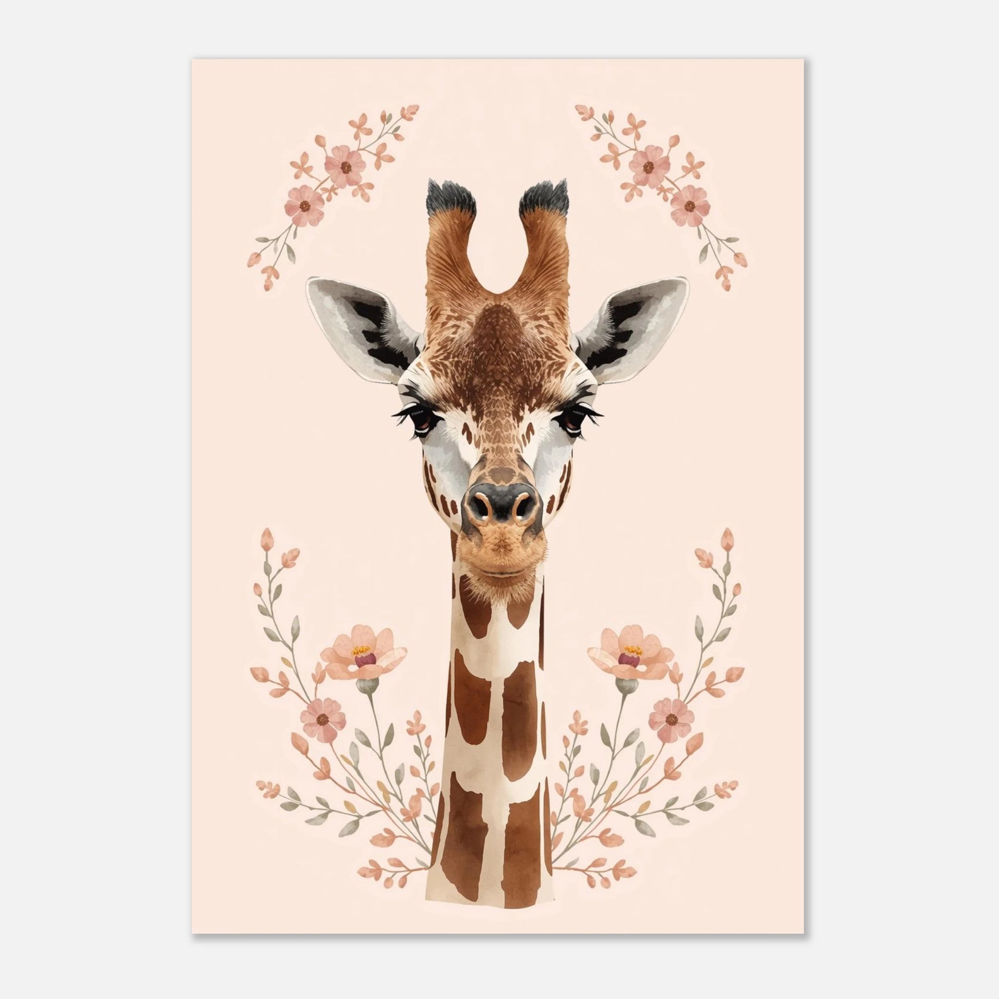 Ljus djurposter föreställande en giraff i blomsterskrud – grafiskt tryck