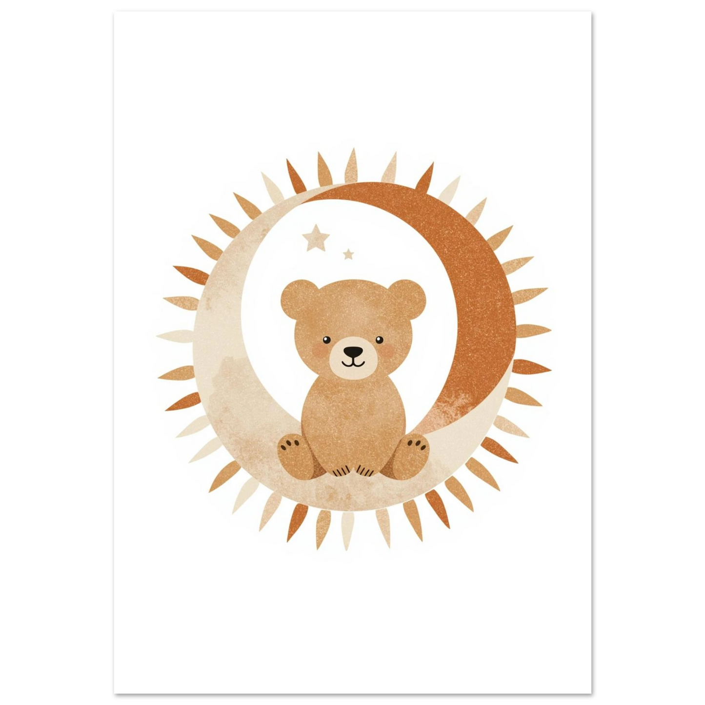 Söt björn sittandes i en halvmåne med solstrålar, boho barnposter
