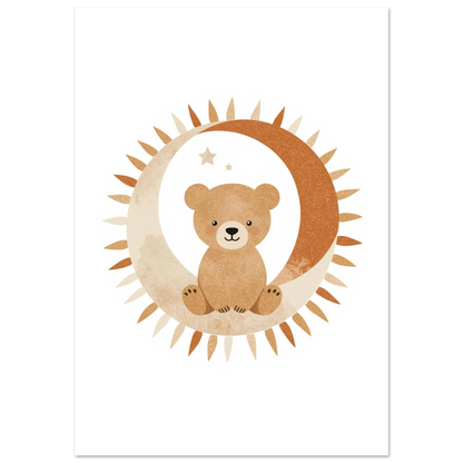 Söt björn sittandes i en halvmåne med solstrålar, boho barnposter