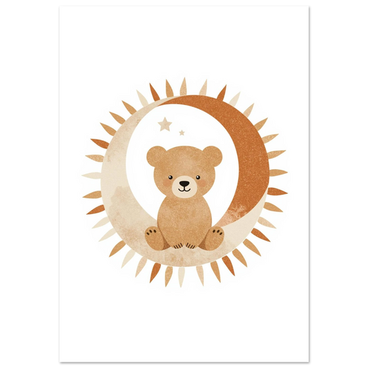 Söt björn sittandes i en halvmåne med solstrålar, boho barnposter