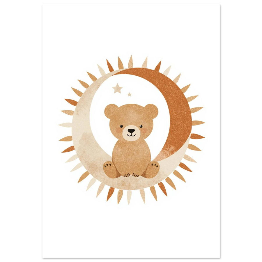 Söt björn sittandes i en halvmåne med solstrålar, boho barnposter