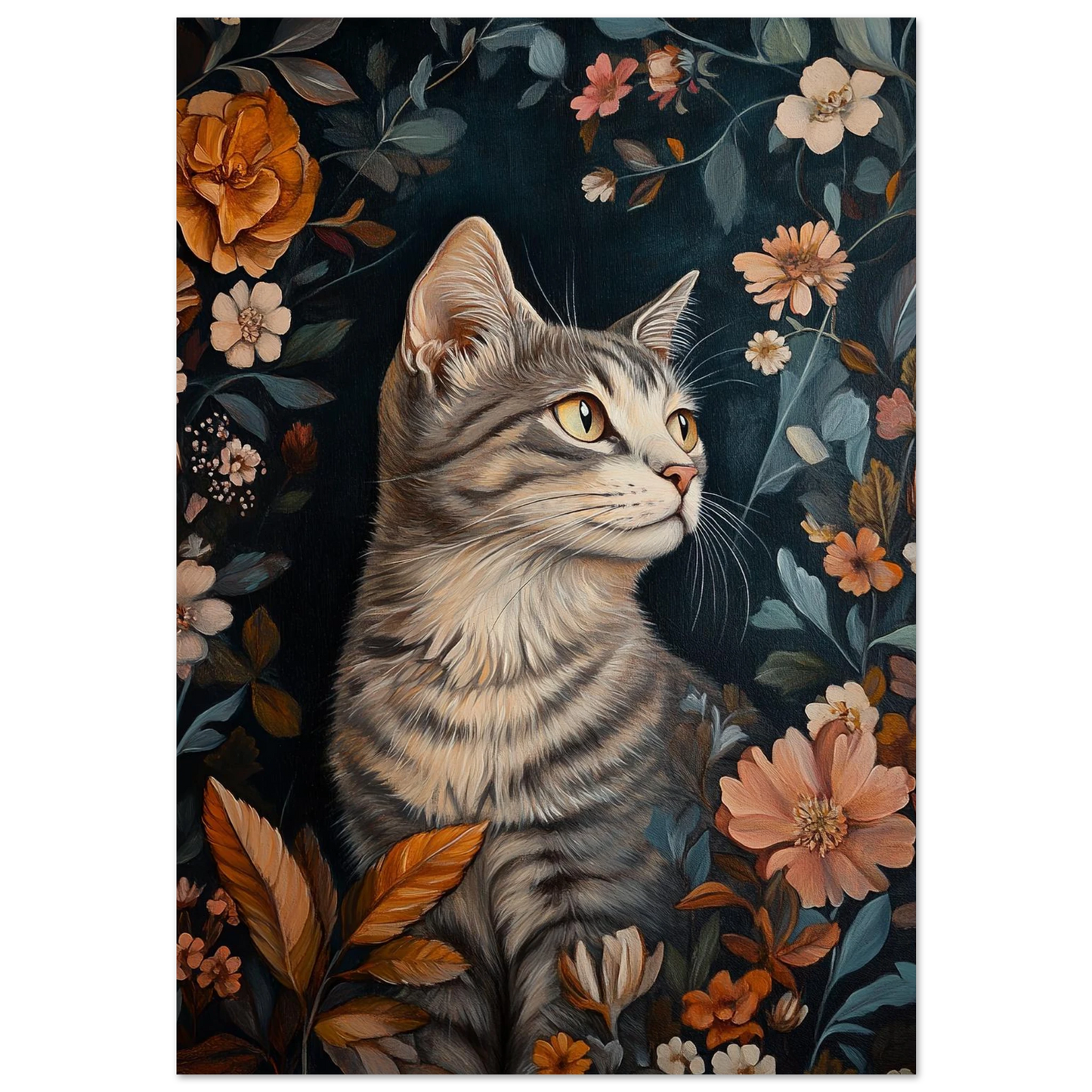Grårandig katt omgiven av orangea blommor och mörka blad, konstnärlig djurposter