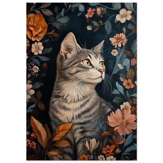 Grårandig katt omgiven av orangea blommor och mörka blad, konstnärlig djurposter