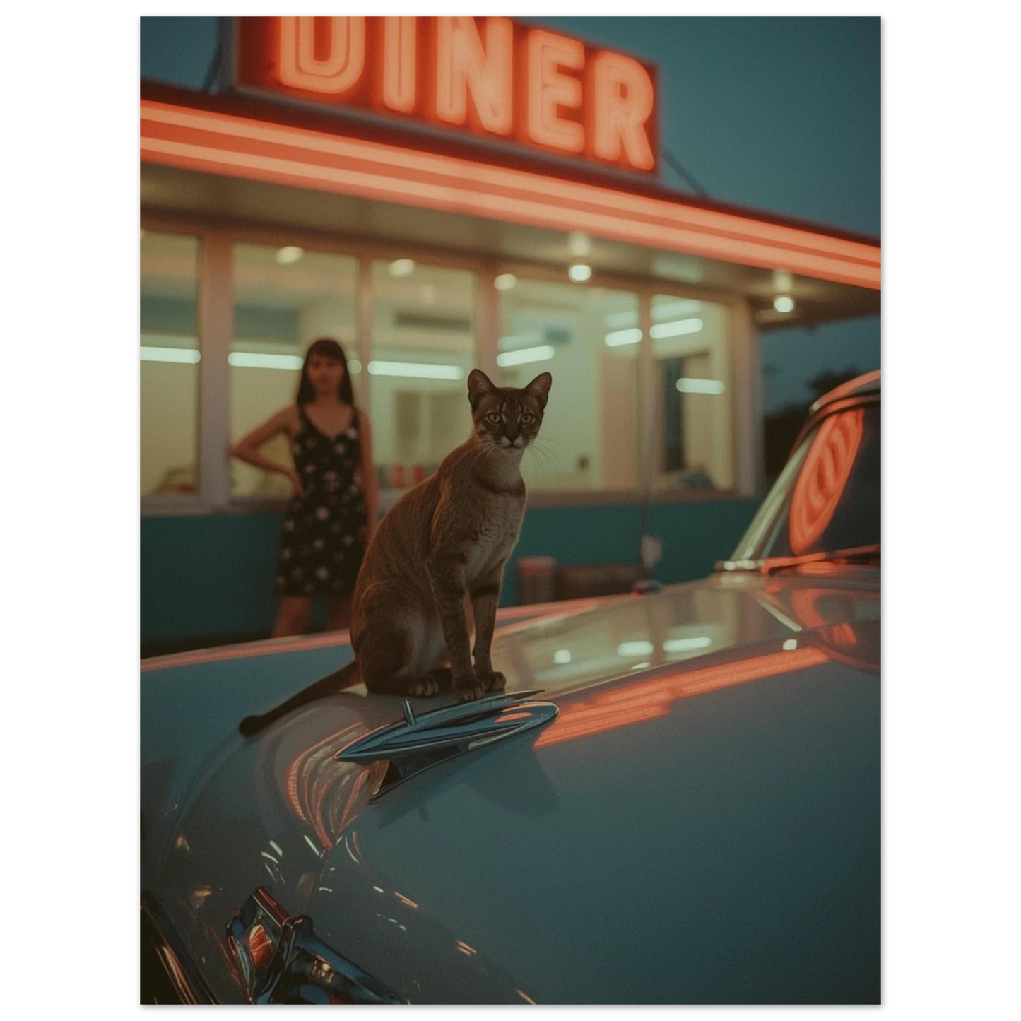 Filmisk djurposter föreställande en katt på en veteranbil i urban nattmiljö