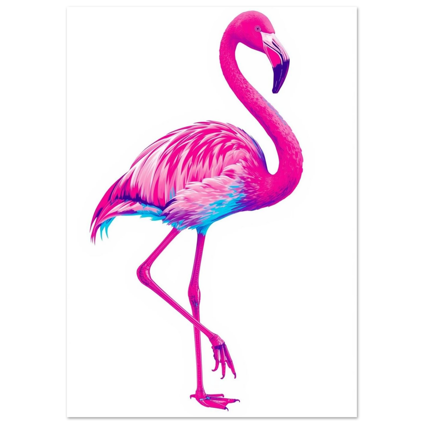 Färgstark djurposter föreställande en flamingo i lila och neonrosa nyanser
